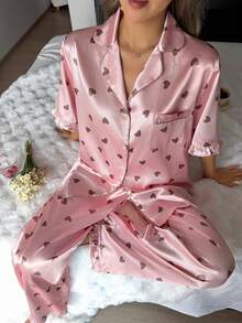 两件套心形图案百搭简约通勤翻领短袖上衣和裤子女士睡衣套装 - 粉色 - 查看 2