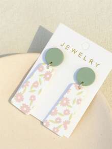 1对可爱粉色花卉印花陶瓷质感亚克力耳环，迷人而充满女人味 - 彩色 - 查看 4