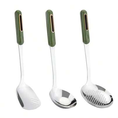 FJNATINH Wok Spatula And Ladle Skimmer Spoon - Stainless Steel Cooking Utensils Set Of 3Kitchen Wok Utensils Set Green Handle