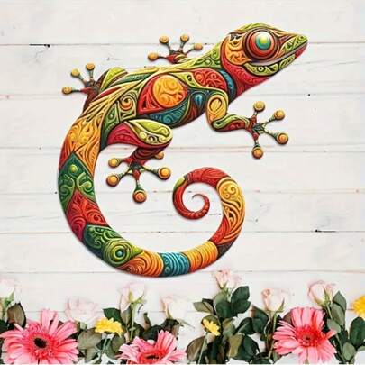 Multi-Color Metal Lizard Wall Decor | Outdoor Garden Decoration | No Power Required | Durable Acrylic Sign With Intricate Patterns | Ideal For Home And Garden Display, Reptile Decoration