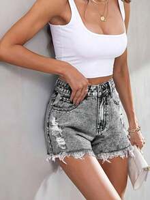 Women's Casual Sexy Elegant Fashion Elegant Commuting Pocket Frayed Sports Young Street Hole College Denim Shorts Summer - 灰色 - 查看 3