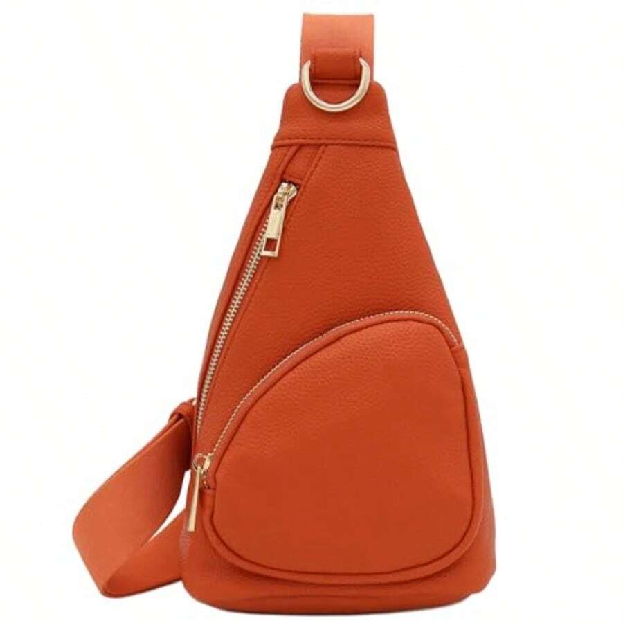 FashionPuzzle - Bolso bandolera de piel sintética ligera y suave diseño triangular pequeño - Naranja Quemada - Ver 1