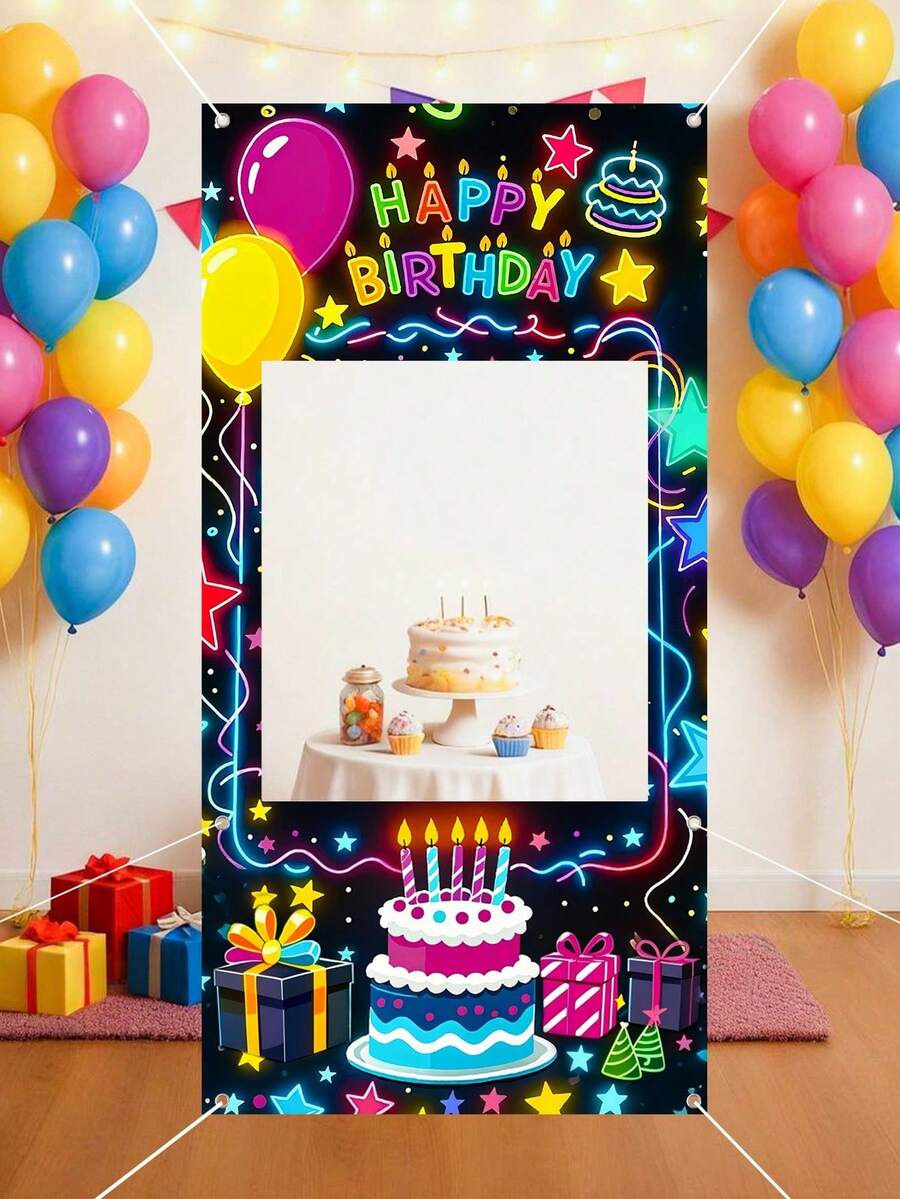 1件荧光生日照片背景布，彩色气球生日相框，生日派对背景布，复古派对彩旗，生日派对用品，生日摄影道具，派对装饰，生日装饰挂件，生日礼物，婴儿派对，男宝宝生日，家居装饰，派对礼品