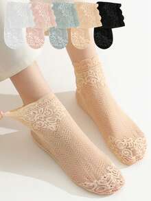 1/5/10双装女士蕾丝高品质春夏薄款透明性感柔软透气短袜 - 彩色 - 查看 2