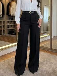 (Without Belt) Black High Waist Pleated Wide Leg Pants, Women's Business Casual Trousers For Workplace Spring - Black - View 2