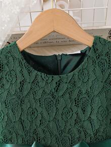 coviviky Young Girls Ruffled Cap Sleeve Round Neck Solid Color Lace Dress With Belt, Sweet, Cute, Elegant For Party, Wedding - Dark Green - View 5