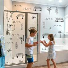 BRUP 1/3/4张/套 夏季假期浴室墙贴，卡通房车、棕榈树、海浪、冲浪板和星星图案，适用于浴缸、淋浴墙或儿童房，可移除即撕即贴，充满奇思妙想的冒险主题艺术 - 彩色 - 查看 2