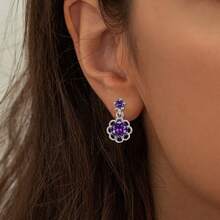 纯银防过敏女士耳环，镶嵌立方氧化锆，紫色花朵耳环，时尚精致耳环，生日礼物 - 紫色 - 查看 2