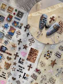 1pc 5D Metal Nail Stickers, Retro Nail Stickers, Leopard Print Nail Stickers, Self-Adhesive Nail Art Stickers, Nail Decoration Sticker Accessories Nails Nail Supplies - 黑與白 - 查看 1