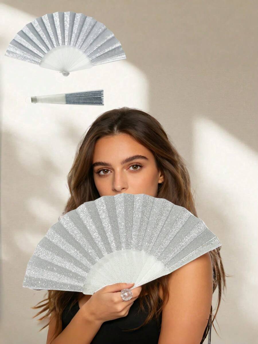 Shiny Silver Folding Fan, Summer Beach Fan, Portable Fan, Essential Event Accessory, Beach Accessory, Suitable For Festivals, Weddings, Travels, Also As Mother's Day Gift, Holiday, Travel For Outdoor Activities, Vacation, Travel, Outfit Accessories, And Gifting, Camping