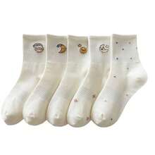 5双随机款式袜子，女士可爱卡通星星印花中筒袜，个性化船袜 - 彩色 - 查看 5