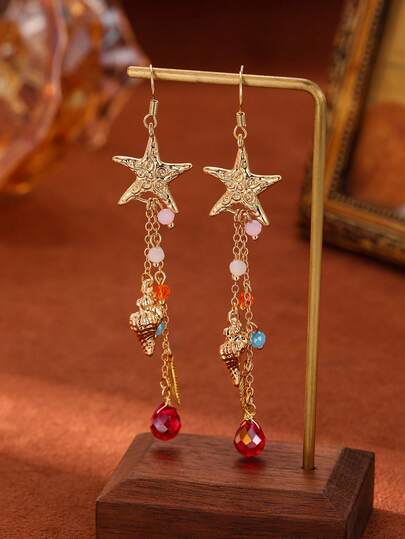 一对夏季贝壳海星吊坠耳环，波西米亚风流苏耳环，适合婚礼/派对/度假佩戴，周年纪念/母亲节/送给朋友的贴心礼物
