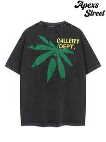 GALLERY  Letter Logo Green Maple Print T-Shirt,Washed T-Shirts, High-Quality Washed Cotton Printed T-Shirts, Menswear, Suitable For Street Retro Style As Well As Outdoor Sports And Leisure Occasions, Comfortable And Stylish, Y2K Apparel, Fashion T-Shirts, Streetwear, Exquisite Gifts. - 黑色 - 查看 1