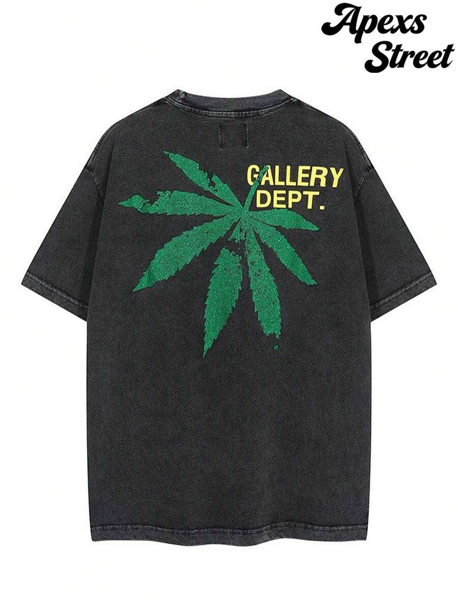 GALLERY  Letter Logo Green Maple Print T-Shirt,Washed T-Shirts, High-Quality Washed Cotton Printed T-Shirts, Menswear, Suitable For Street Retro Style As Well As Outdoor Sports And Leisure Occasions, Comfortable And Stylish, Y2K Apparel, Fashion T-Shirts, Streetwear, Exquisite Gifts. - 黑色 - 查看 1