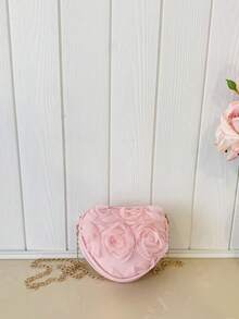 Pink Heart Rose Crossbody Bag, Girly Mesh Flower Bag, Mini Chain Shoulder Bag - Pink - View 7