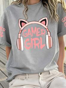 女童猫耳标语印花休闲短袖T恤，圆领设计，时尚百搭，舒适有趣。 - 灰色 - 查看 6