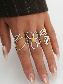 Frminee 3 piezas/1 pieza Anillos de acero inoxidable dorado con patrón floral y de hojas elegante y grueso, conjunto de anillos apilables, anillos de flores, anillos de nudillos para mujeres, joyería gruesa - Color mezclado oro y plata - Ver 3