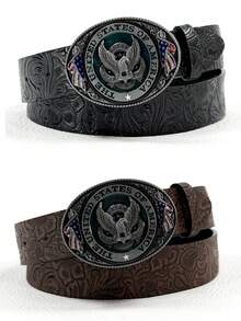1pc Unisex Retro Embossed & US Flag Alloy Buckle, Casual Western Style Belt For Men - Multicolor - View 1