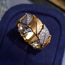 Damen Vintage Zweifarbiger Ahorn Blatt Zirkonia Cut Out Offener Ring - Gold - Übersicht 9
