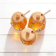 Bamboo Bottom Honey Pot With Spoon - Transparent Glass Food Storage Jar With Airtight Lid, Suitable For Honey, Syrup, Jam. Reusable, Leak-Proof, Stylish Design For Kitchen Countertop Or Dining Table Decor - Multicolor - View 3