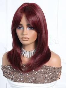 18英寸分层刘海酒红色假发，适合女性 - 柔软易造型的酒红色合成假发，完美适用于日常佩戴、工作、圣诞节和节日角色扮演，适合日常派对、女孩和女性日常佩戴，打造自然性感、浪漫优雅、简约休闲的万圣节圣诞节角色扮演造型，耐热假发 - 酒紅色 - 查看 5