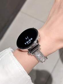 1pc Silver Sparkling Zirconia Metal Watch Band Bracelet Compatible With Samsung Galaxy Watch 7/6/5/4/Active2 Classic (40/44mm), Watch 5 Pro (45mm), Watch 4 Classic (42/46mm), Watch 3 (41mm), Watch Active (40mm), Watch 42mm Cuban Link Strap, Fits All 20mm 22mm Width Smartwatch Bands - Silver - View 4