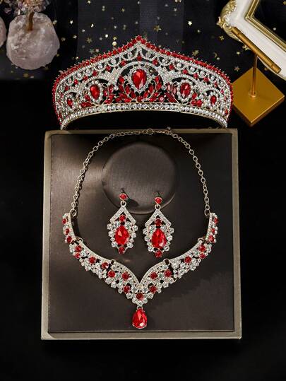 4pcs Luxury Rhinestone Crown Necklace & Earrings Set, Vintage Palace Style Jewelry For Wedding Dress, Bridal Photoshoot