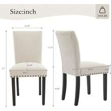 Sillas de comedor Set de 2 Unidades, silla de comedor de tela de lino Parsons con adorno de cabeza de uñas y piernas de madera resistentes, para espacio pequeño - Beis - Ver 2