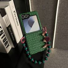 Korean Simple Dark Green Straw Mat Pattern Phone Case With Beads Chain Compatible With Samsung Galaxy ZFlip7 Z Flip6 ZFlip 5 Zflip6 Zflip5 Shockproof Back Cover - Dark Green - View 3