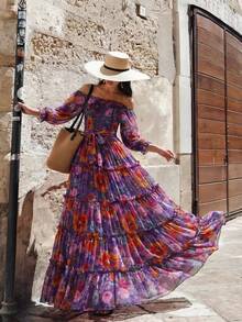 Elegant Romantic Off-Shoulder Long Sleeve Layered Hem Dress, Vacation Style Spring - Purple - View 9