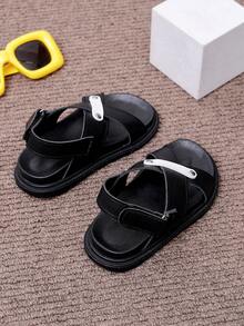1双男女通用新款PU魔术贴平底可爱露趾凉鞋，柔软防滑儿童沙滩鞋，适合夏季穿着 - 黑色 - 查看 5