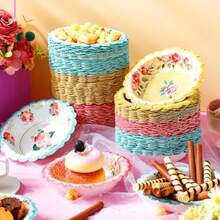 Domensi - Cuencos de papel floral de 12 onzas cuencos desechables de papel floral clásico color rosa azul amarillo flores cuencos desechables para comida caliente para fiestas de té bodas - rosa azul amarillo - Ver 4
