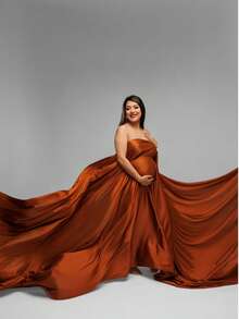 Cinnamon Chicaboo Silky Maternity Tossing Fabric For Photoshoots | Satin Flying Dress Scarf With Sewn Edge. Extra Long Pregnancy Posing Photography Material | 5 Yards - 肉桂 - 查看 2