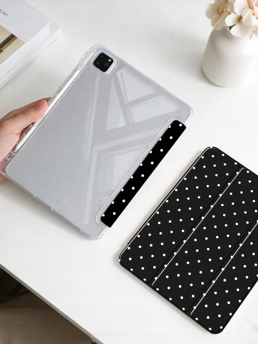 1件全透明壓克力外殼三折平板保護殼,黑色波點彩繪設計,相容 iPad 10th/11th/10.2/10.5/Air4/Air5/10.9/Pro11/Air 11-In.(M2)-2024/Pro 11-In.(M4)-2024/Air 11-Inch (M3) 2025/(A16) 11 Inch 11th Generation 2025 Mini6/Mini7/Air1/Air2/9.7/Air 8(M4)2026(11-Inch) 機型 - 黑色 - 查看 1