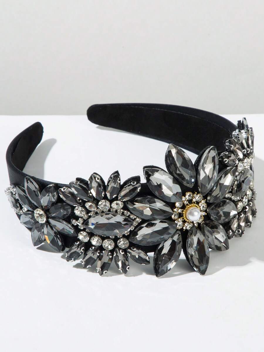 1件纯色欧美复洛克风格发箍，奢华宝石仿珍珠大花朵装饰发圈，高品质优雅头饰，适合舞会、派对、夏季、假日、旅行等场合。 - 黑色 - 查看 1