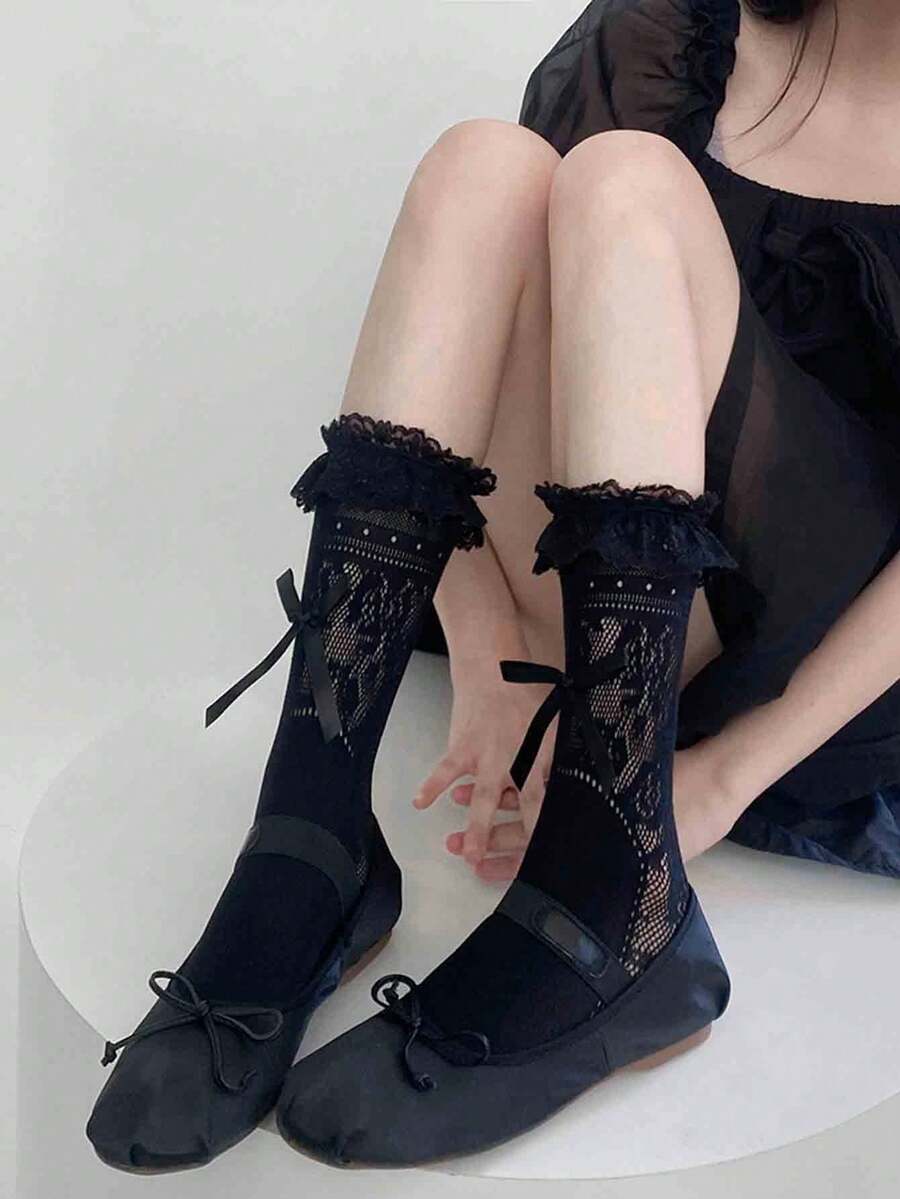 1 đôi tất mỏng kiểu ballet Lolita thắt nơ dành cho nữ, viền ren ngọt ngào, thích hợp cho mùa hè. - Nhiều màu - Xem 1