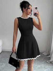 abyoxi 女士优雅蕾丝无袖纯色修身连衣裙，适合日常工作和购物 - 黑色 - 查看 1