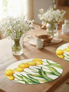 4pcs/6pcs Yellow Tulip Pattern Round Placemats, Home Decor, Modern Style, Faux Linen Material, Spring/Summer Home Decor, Indoor/Outdoor Party Supplies, Retro Theme Decoration, Room Decor. Suitable For Daily Home Kitchen Decor And Everyday Event Party Decoration - Multicolor - View 2