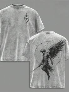 Summer Outfits Men's Washed T-Shirt |   Angel Michael, Flame Sword, Shield, Symbol Of Justice |   Church-Style Clothing, Fitness Sports Tops, Christian Religious Attire, Jesus-Themed Clothing, Casual Style Suits, Round Neck, Suitable For All Seasons, Regular Fit Vacation Outfits Women Button Up Vacation Outfits Men Manfinity Q0OG - 格里斯 - 查看 1