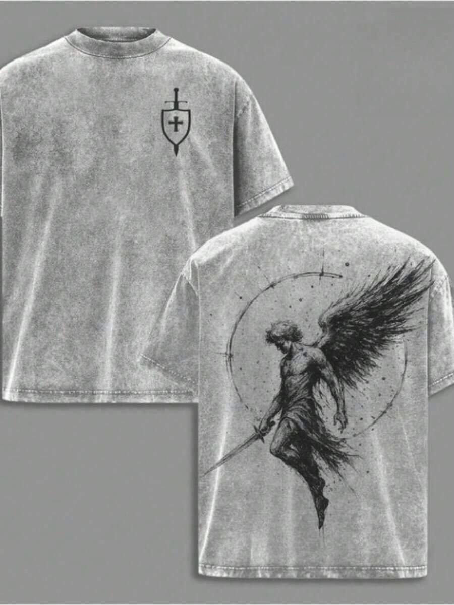Summer Outfits Men's Washed T-Shirt | Angel Michael, Flame Sword, Shield, Symbol Of Justice | Church-Style Clothing, Fitness Sports Tops, Christian Religious Attire, Jesus-Themed Clothing, Casual Style Suits, Round Neck, Suitable For All Seasons, Regular Fit Vacation Outfits Women Button Up Vacation Outfits Men Manfinity Q0OG - 格里斯 - 查看 1