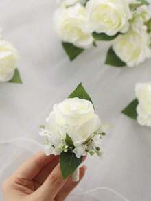 1pc White Rose Baby's Breath Boutonniere For Men Wedding, Elegant Rose Corsage For Groom Groomsman Wedding Decor, Wrist Corsage For Bride Bridesmaids Boutonniere For Prom Party Engagement Homecoming Father Daughter Dancing Romantic Wedding Valentine's Day Accessories - 白色 - 查看 9