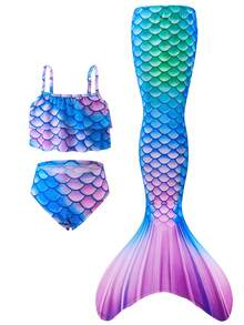 Set Bikini Ekor Putri Duyung untuk Anak Perempuan, Atasan Camisole Motif Sisik Ikan Jala Kontras & Bawahan Segitiga, 3 Potongan Pakaian Liburan - Biru - View 1