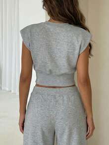 Camiseta casual de mujer de unicolor, con hombros acolchados, cuello redondo, manga corta, bajo acanalado, estilo callejero básico clásico (YY1191) para verano - Gris - Ver 2