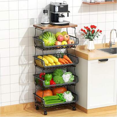 Fruit Vegetable Basket Kitchen, 5 Tier Stackable Fruit Vegetable Storage Baskets With Wheels, Metal Wire Storage Basket Organizer Baskets Kitchen, Pantry, Bathroom