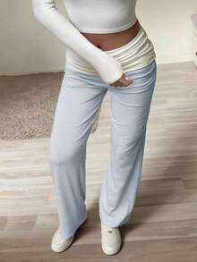 女士夏季条纹直筒裤，配有可折叠白色腰带，适合上学、通勤和休闲穿着。 - 淺藍色 - 查看 9