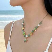 1pc Boho Beach Starfish Shell Choker Necklace For Women – Green Crystal Pearl Summer Jewelry - Gold - View 5