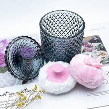 Luxury 4 Inch Glass Powder Container With 2 Soft Puffs For Loose Powder - 1 Handle 1 Bow Pink Puffs With Pointed Cylinder-gray Blue-large - View 9