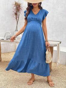 Maternity Casual Shirred Cap Sleeve Shirred Waist Ruffle Hem Dress - 綠色 - 查看 12