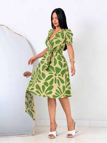Women's Printed Dress, Flared, Casual, Elegant, Romantic Fabric - 摘要 綠色 - 查看 2