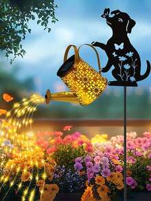 Solar Lights Outdoor Decorative, Watering Can With Cascading Lights, With Cat/Dog Silhouette Garden Stakes, Gifts For Mom Women, Waterproof Metal Garden Decor For Yard Art, Outside, Patio, Lawn Ornaments - Multicolor - View 3